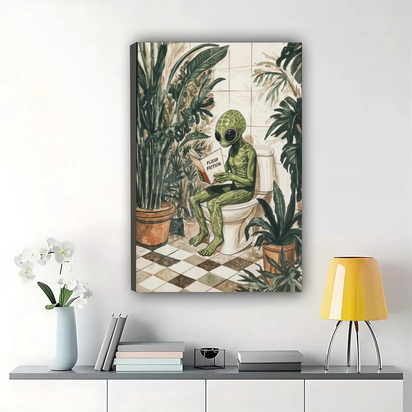 Alien Reading on Toilet – Whimsical Botanical Bathroom Wall Art on Natural Wood Canvas | W851