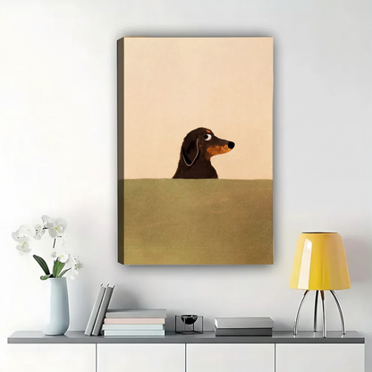 Minimalist Dachshund Portrait Wall Art – Cute Dog Illustration Canvas Print on Natural Wood Frame | W2210