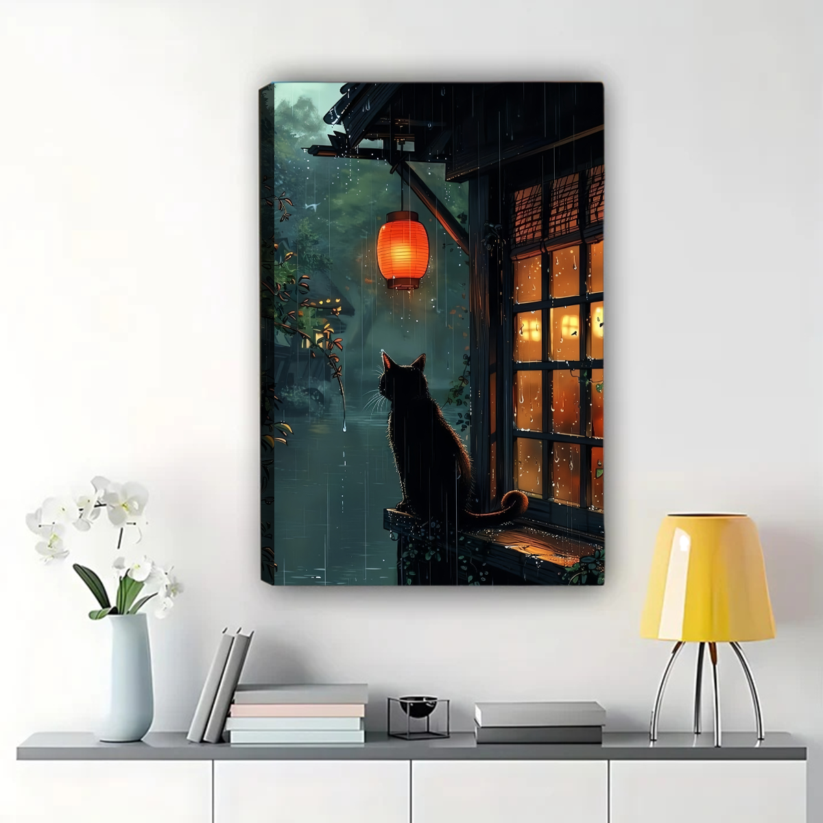 Cat in Rainy Window Wall Art - Asian Lantern Canvas Print|W1328