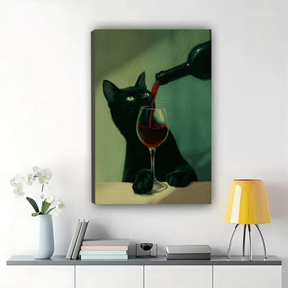 Black Cat Pouring Red Wine – Artistic Moody Wall Art on Natural Wood Canvas | W815