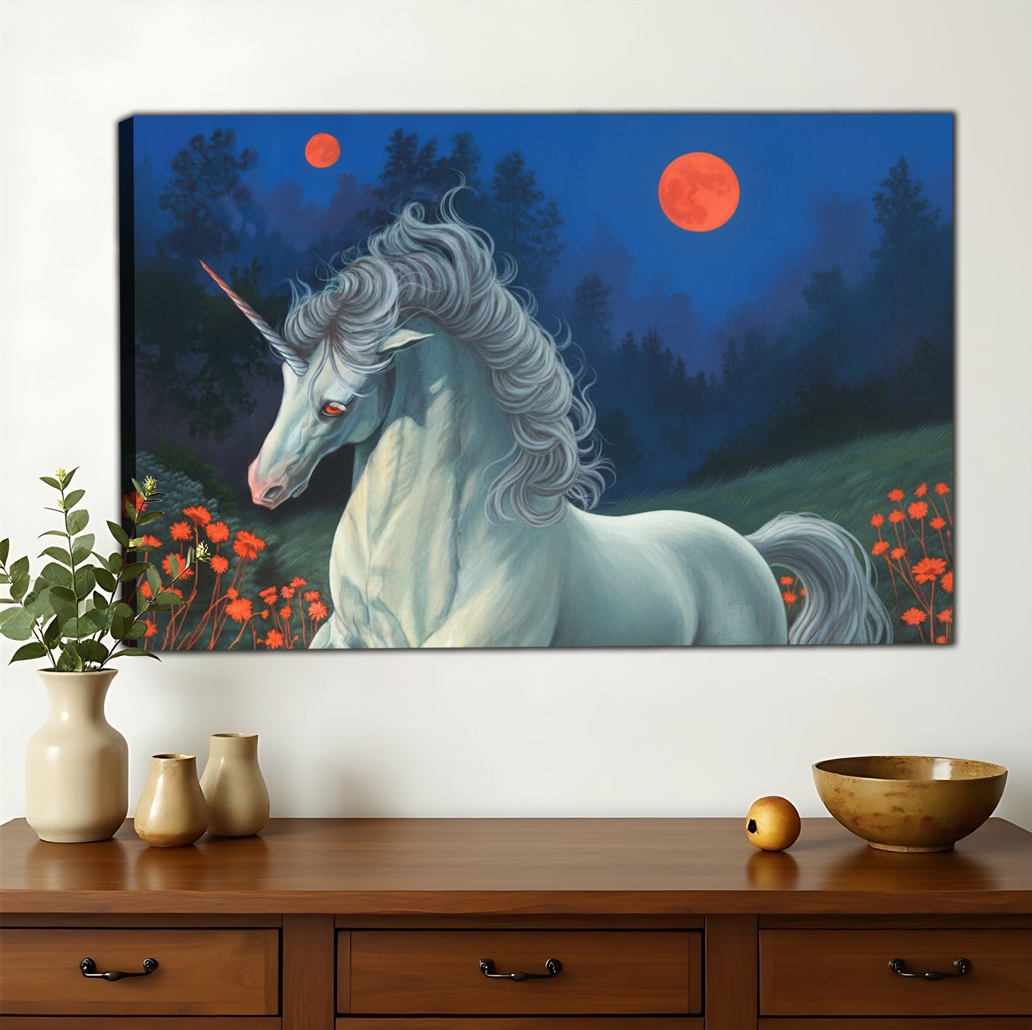 Moonlit Unicorn in Flower Field – Magical Fantasy Wall Art on Natural Wood Canvas | W702