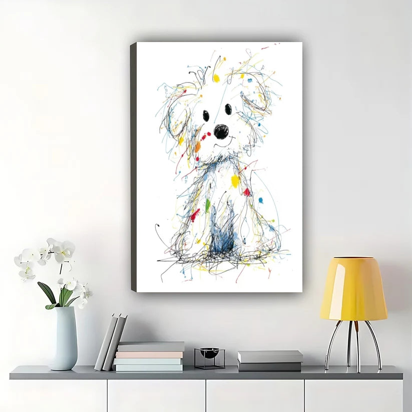 Colorful Scribble Style White Dog – Playful Abstract Wall Art on Natural Wood Canvas | W761