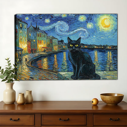 Van Gogh Starry Night Black Cat – Artistic Whimsical Wall Art on Natural Wood Canvas | W751