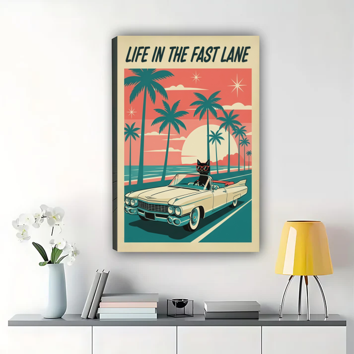 Life in the Fast Lane Retro Poster - Vintage Beach & Classic Car Art| W1013