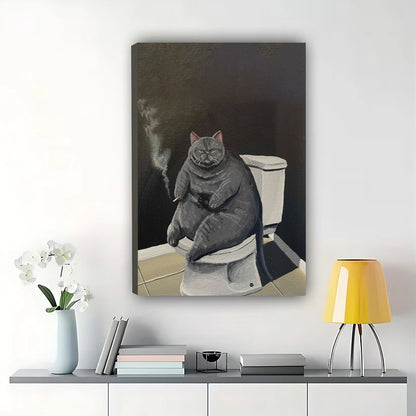 Chonky Cat on Toilet Smoking – Humorous Classic Art Parody Wall Art on Natural Wood Canvas | W836