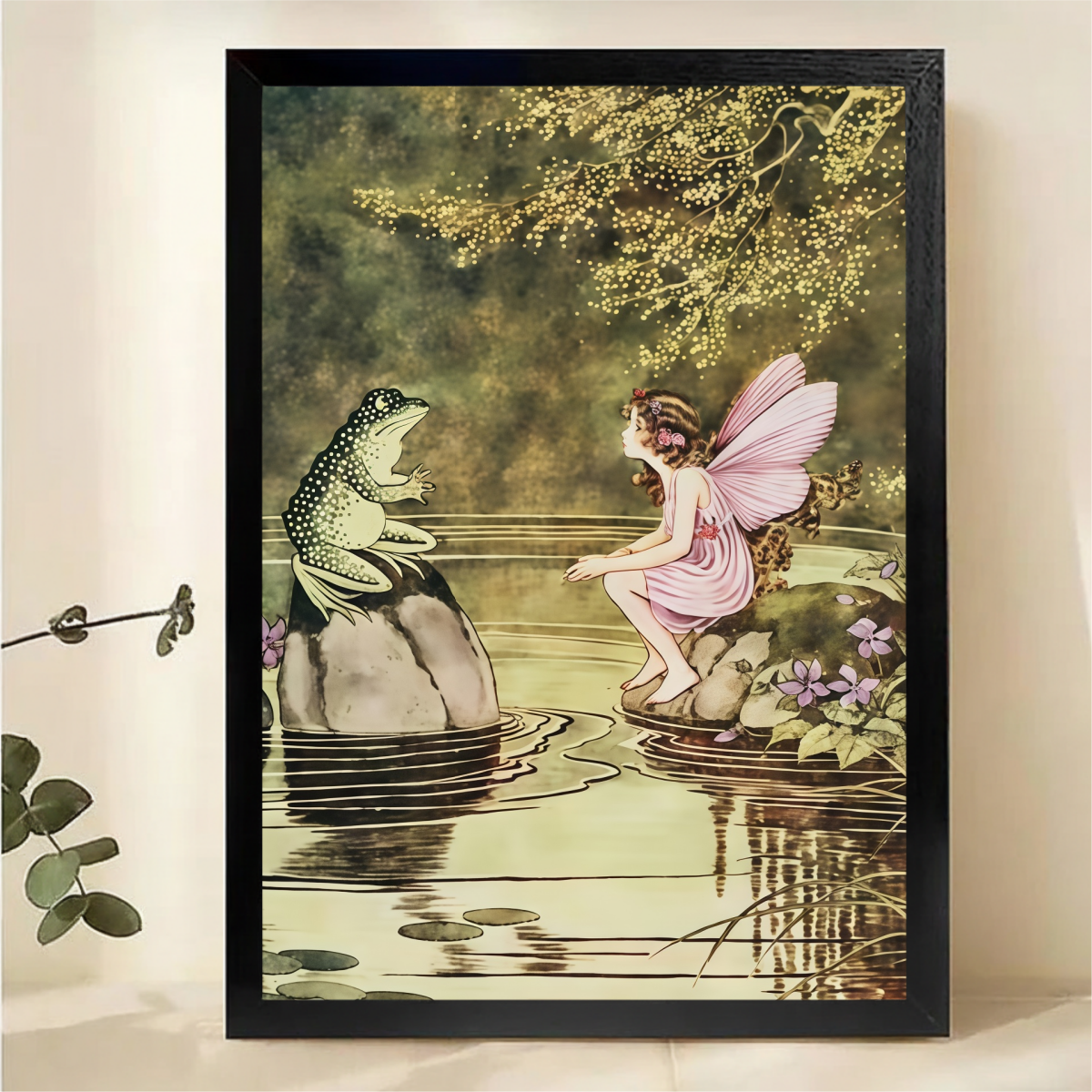 Fairy and Frog Canvas Wall Art - Enchanted Pond Scene|W1065
