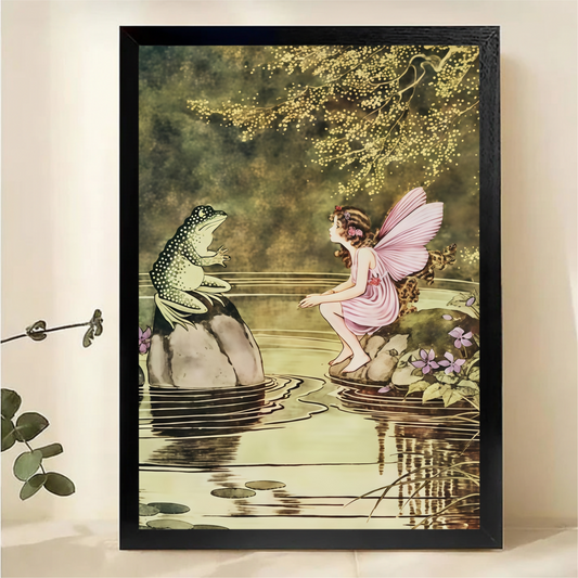 Fairy and Frog Canvas Wall Art - Enchanted Pond Scene|W1065