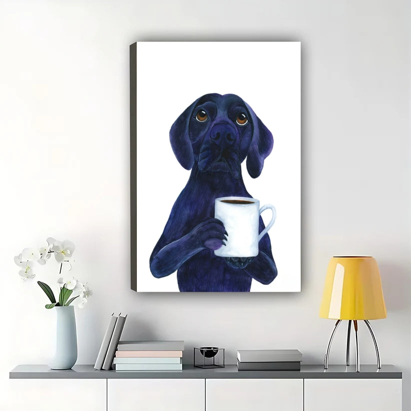 Black Labrador with Coffee Mug Wall Art – Whimsical Pet Dog Framed Canvas Print | W2136