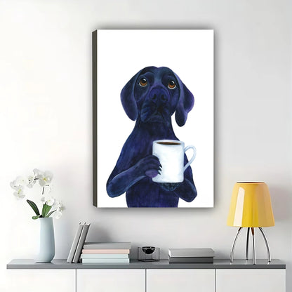 Black Labrador with Coffee Mug Wall Art – Whimsical Pet Dog Framed Canvas Print | W2136