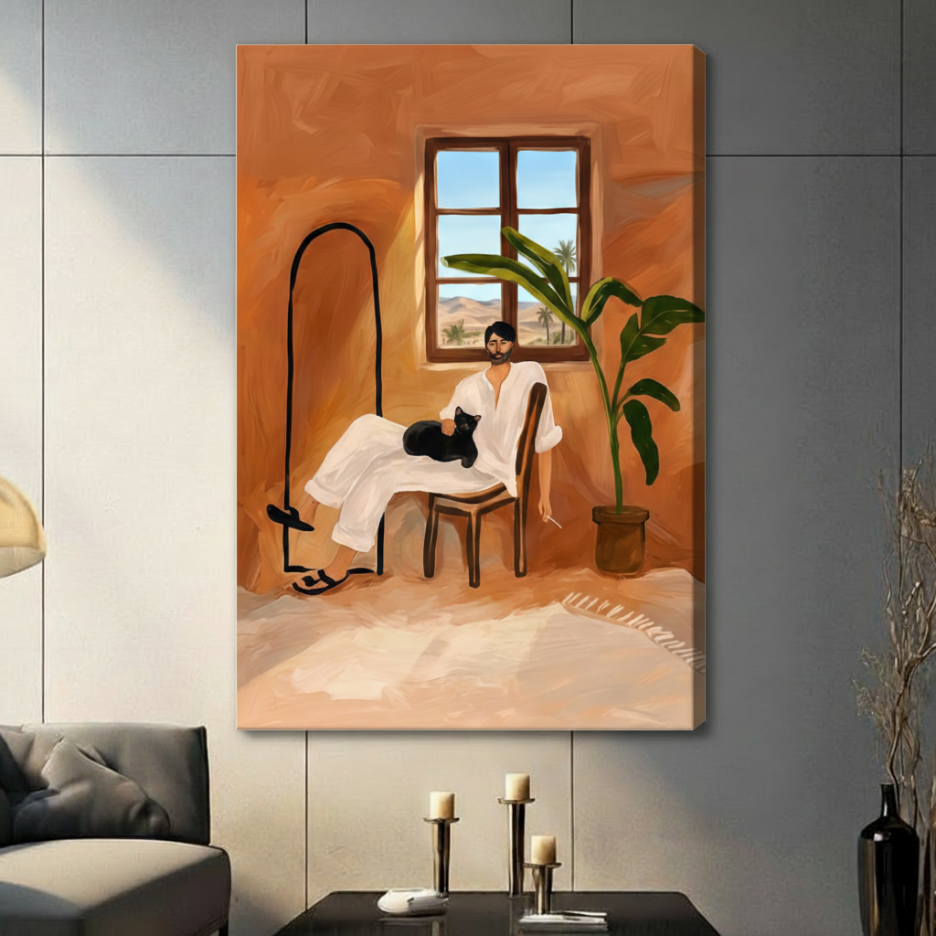 Moroccan Room Man Black Cat Desert Canvas Print w6060