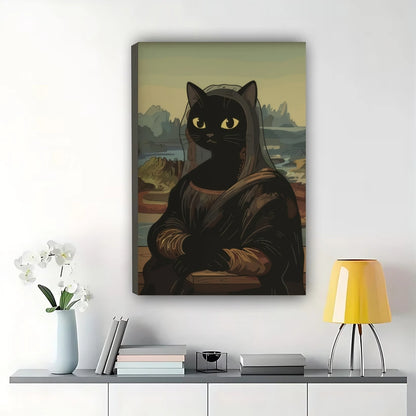 Mona Lisa Black Cat Parody – Classic Art Humorous Wall Art on Natural Wood Canvas | W920