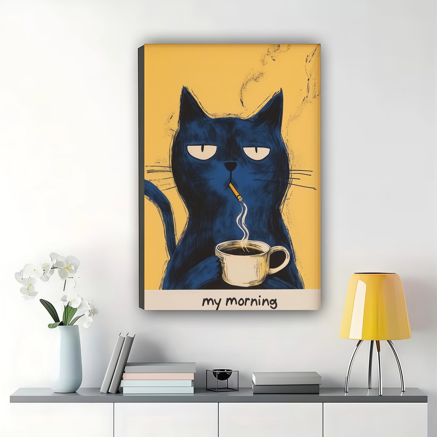 My Morning Blue Cat – Whimsical Coffee Cat Wall Art on Natural Wood Canvas | W2030