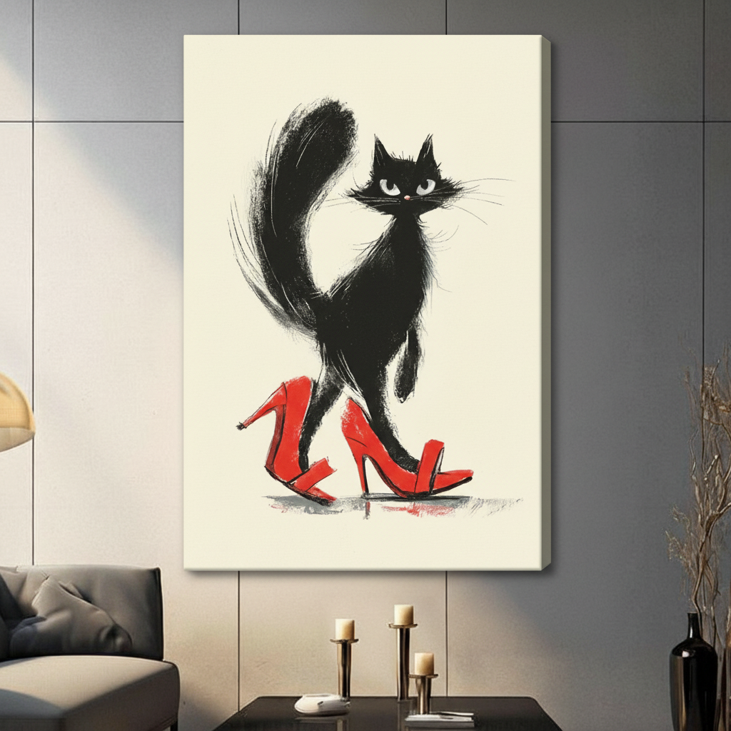Chic Black Cat Red Heels Canvas Art w6610