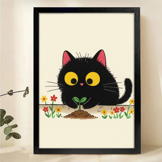 Black Cat Gardening Art Print - Whimsical Plant Lover Wall Decor|W1190