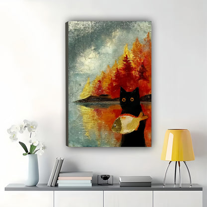 Black Cat with Fish by Autumn Lake – Vintage Landscape Wall Art on Natural Wood Canvas | W914