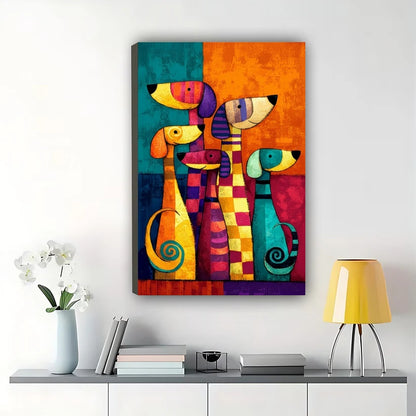Colorful Abstract Dog Group Portrait – Vibrant Geometric Pet Wall Art on Natural Wood Canvas | W738