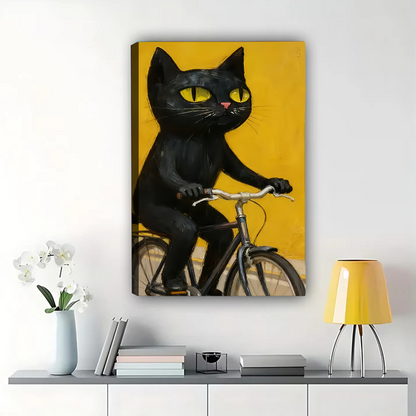 Black Cat on Bike Art - Quirky Yellow Wall Decor|W1106