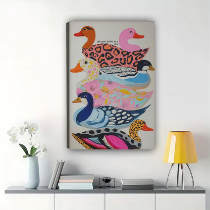 Stacked Pattern Ducks – Whimsical Colorful Wall Art on Natural Wood Canvas | W864
