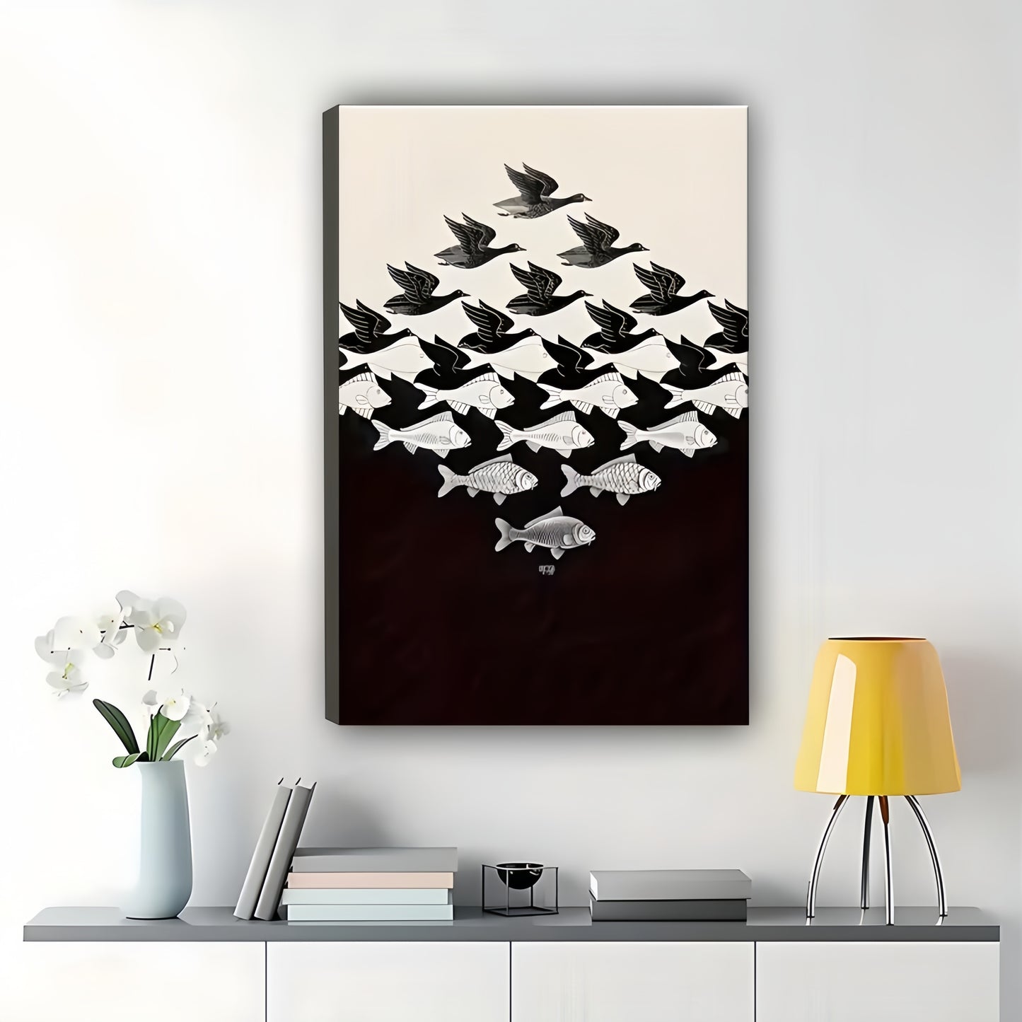 The Bird Fish Reversible Illusion – Minimalist Mind-Bending Wall Art on Natural Wood Canvas | W630