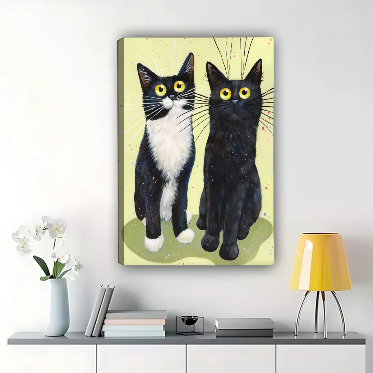 Two Black Cats Wall Art - Whimsical Watercolor Print|W1310