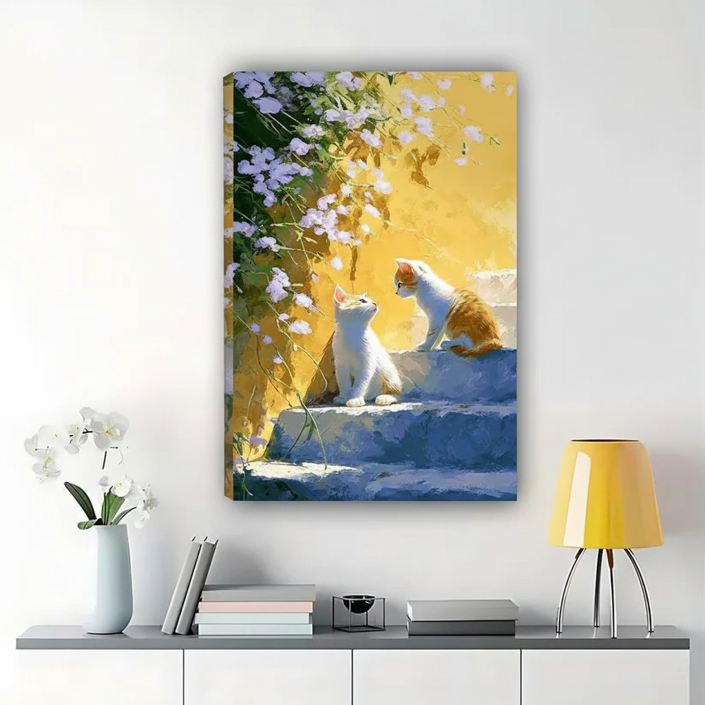 White Cats on Sunny Steps Wall Art – Bright Impressionist Cat Canvas Print on Natural Wood Frame | W2093