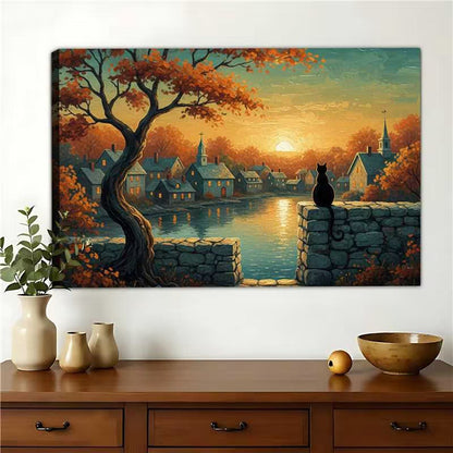 Autumn River Town Black Cat – Vintage Landscape Wall Art on Natural Wood Canvas | W900