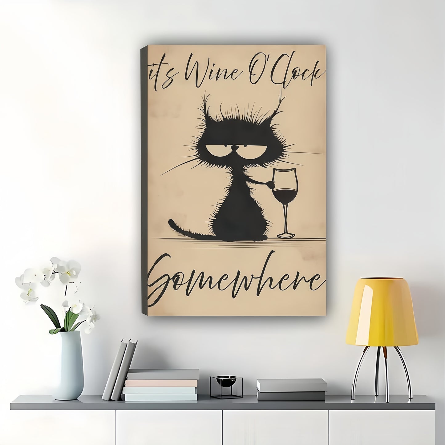 Wine O'Clock Cat – Whimsical Pet Quote Garden Flag Wall Art on Natural Wood Canvas | W2006