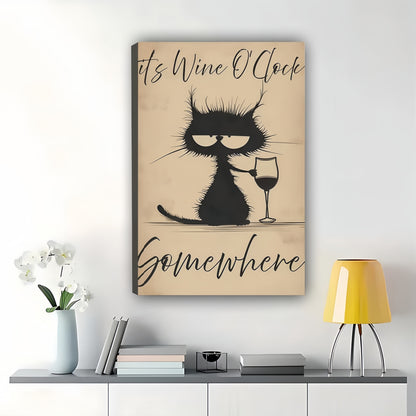 Wine O'Clock Cat – Whimsical Pet Quote Garden Flag Wall Art on Natural Wood Canvas | W2006