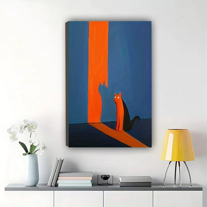 Orange Cat in Blue & Orange Hallway – Minimalist Mid-Century Wall Art on Natural Wood Canvas | W937