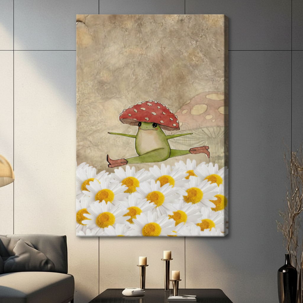 Mushroom Hat Frog Daisy Splits Whimsical Canvas Print w6048