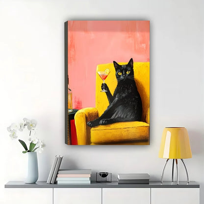 Retro Black Cat with Wine  – Luxe Whimsical Wall Art on Natural Wood Canvas | W780