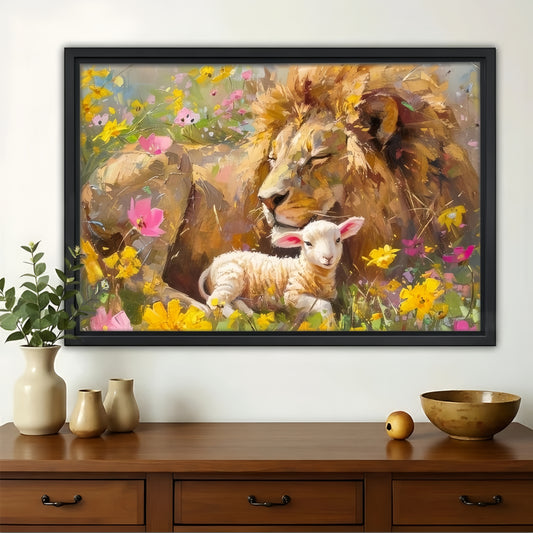 Lion and Lamb in Wildflowers Canvas Wall Art - Peaceful Animal Print|W1163