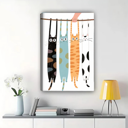 Hanging Cats on Clothesline Wall Art - Whimsical Cat Print|W1247