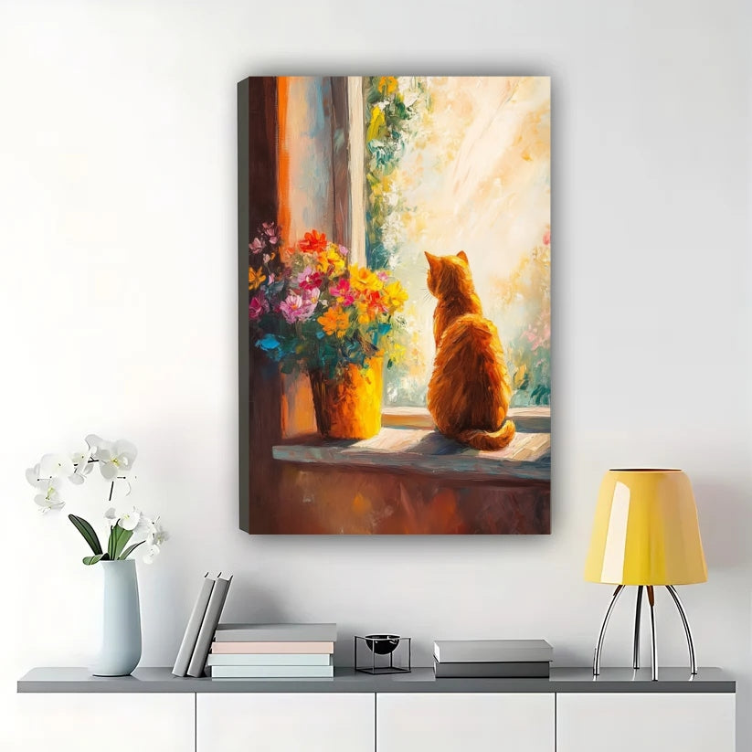 Ginger Cat at Window – Cozy Oil Painting Style Wall Art on Natural Wood Canvas | W857