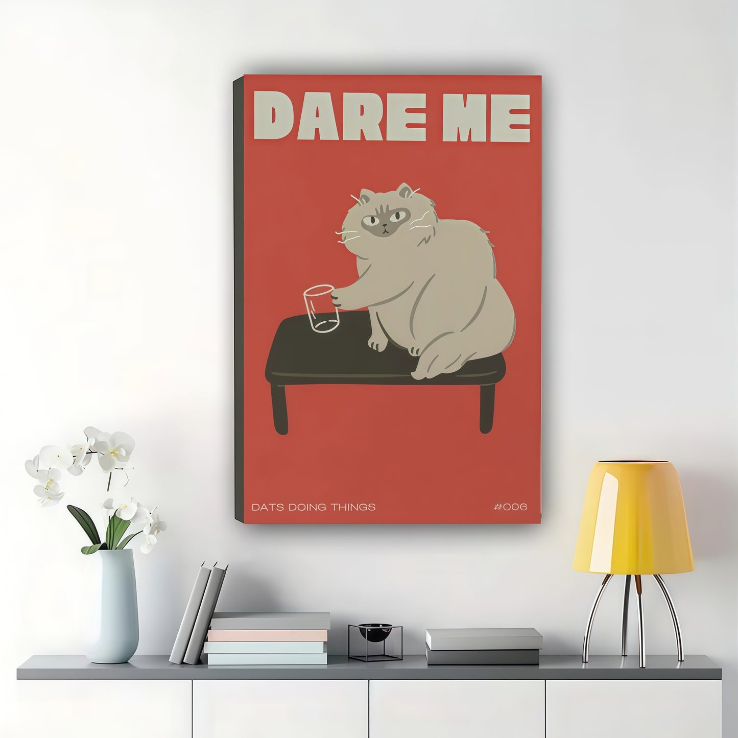 Dare Me Cat & Mouse – Playful Retro Quote Wall Art on Natural Wood Canvas | W982