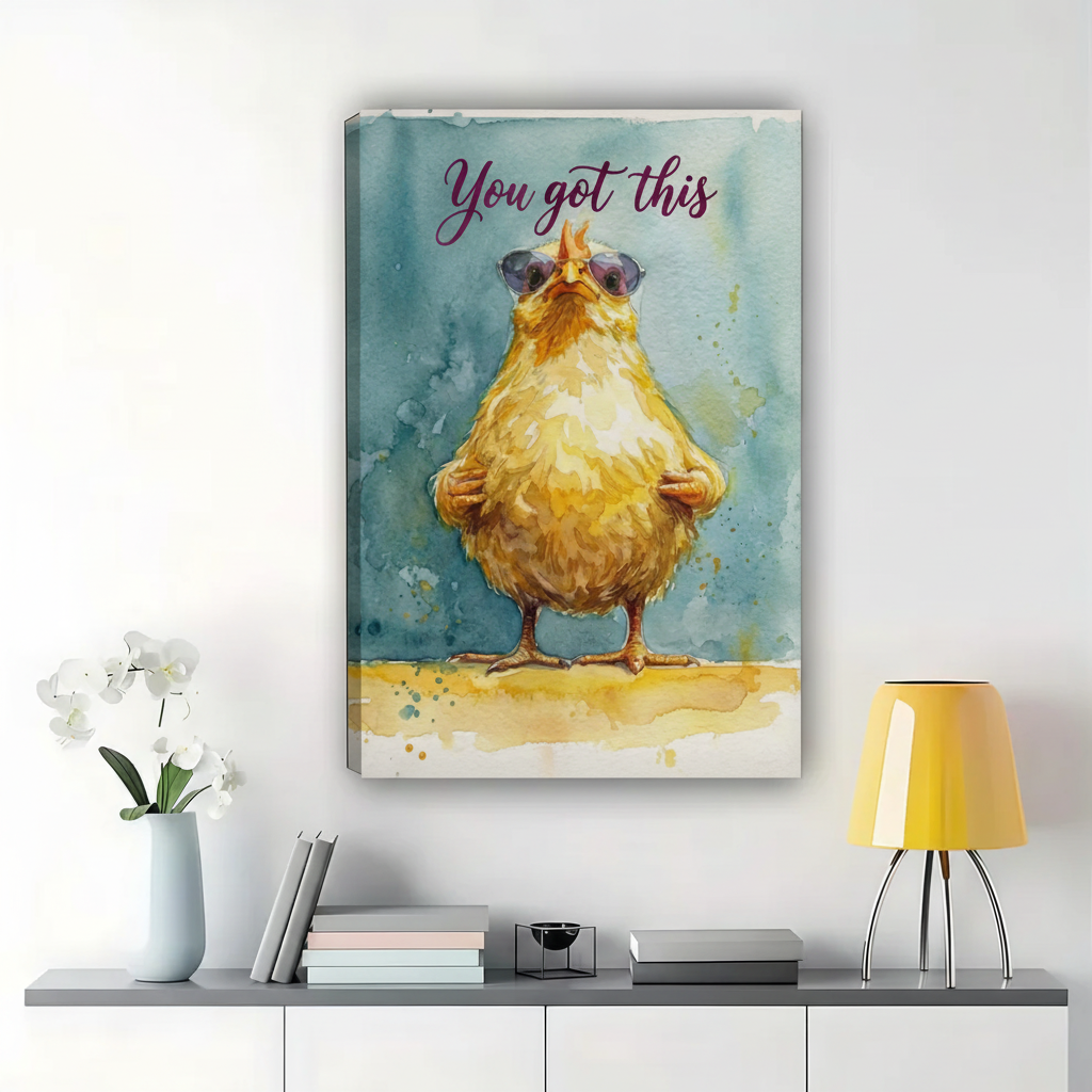 "Framed canvas wall art with golden bird in sunglasses"