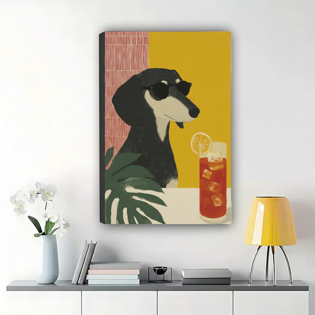 Dachshund with Iced Tea Wall Art – Cool Retro Dog Canvas Print on Natural Wood Frame | W2278