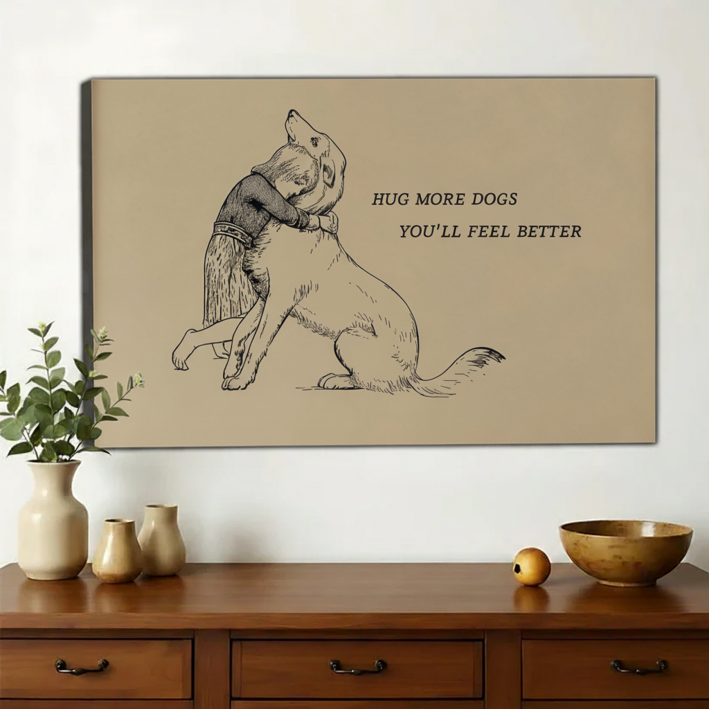 Hug More Dogs – Minimalist Line Art Pet Wall Decor on Natural Wood Canvas | W991