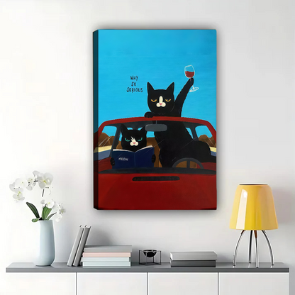 Funny Black Cats Driving Wall Art - Why So Serious Cat Print|W1145
