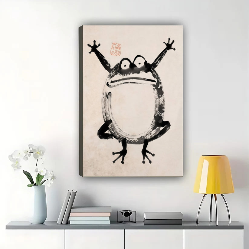 Joyful Frog in Sumi-e Style – Whimsical Japanese-Inspired Wall Art on Natural Wood Canvas | W830