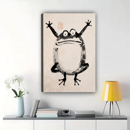 Joyful Frog in Sumi-e Style – Whimsical Japanese-Inspired Wall Art on Natural Wood Canvas | W830