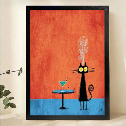 Black Cat with Martini Wall Art – Retro Mid-Century Canvas|W1457