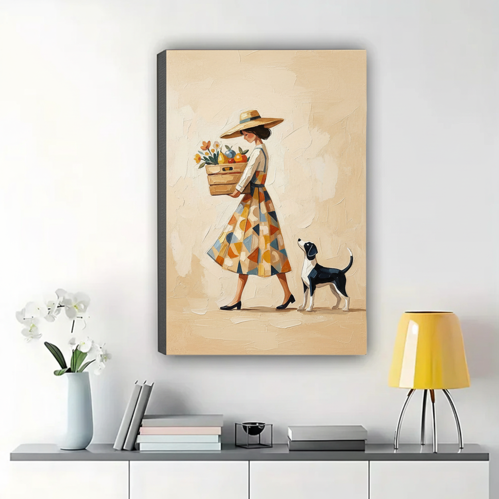 Market Day Woman & Beagle Wall Art – Vintage Bohemian Oil Painting Canvas Print on Natural Wood Frame | W2175