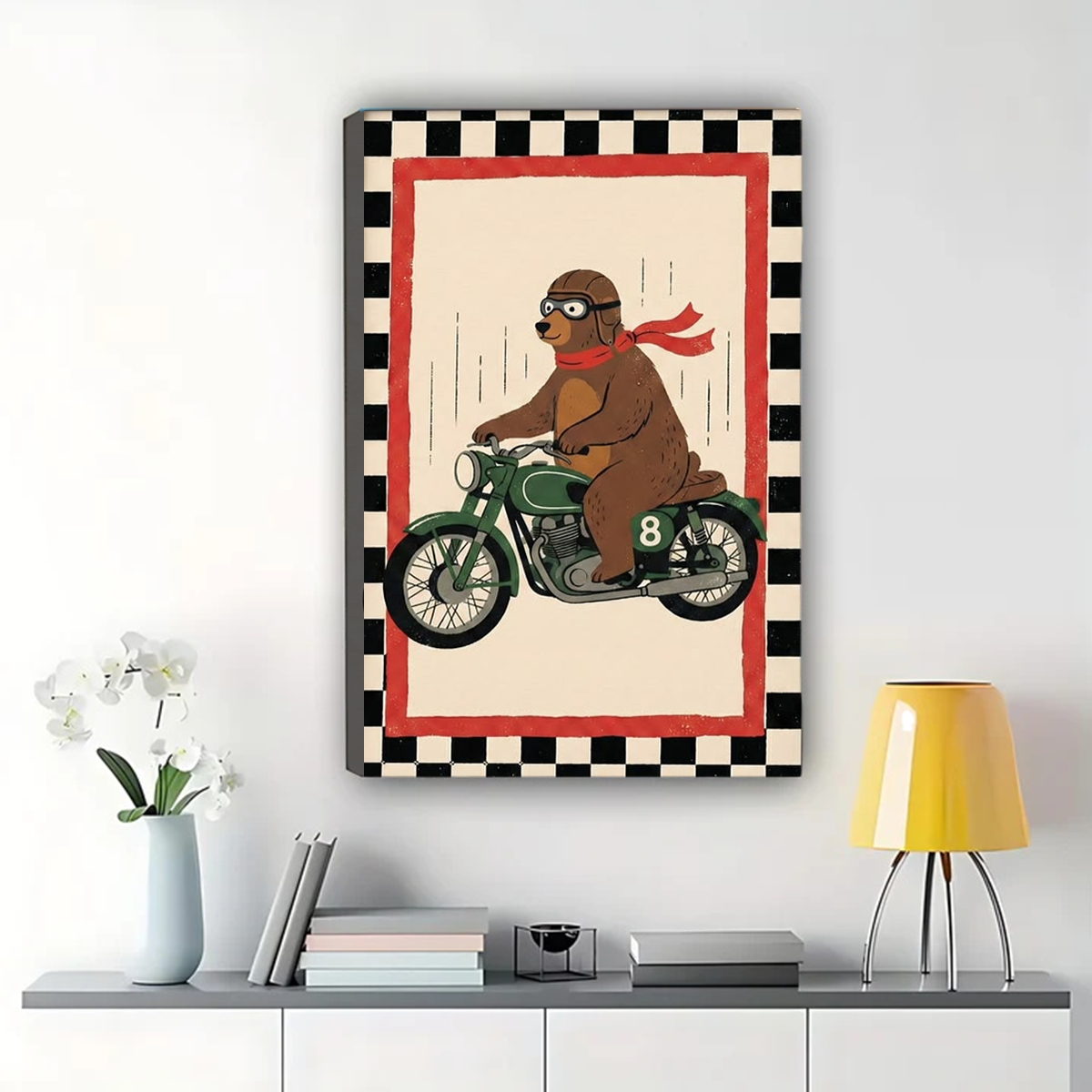Bear on Motorcycle Wall Art – Retro Racing Animal Canvas|W1461