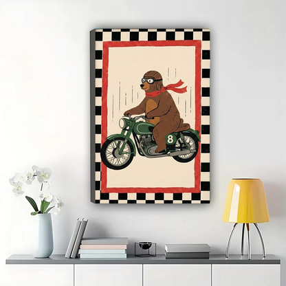 Bear on Motorcycle Wall Art – Retro Racing Animal Canvas|W1461