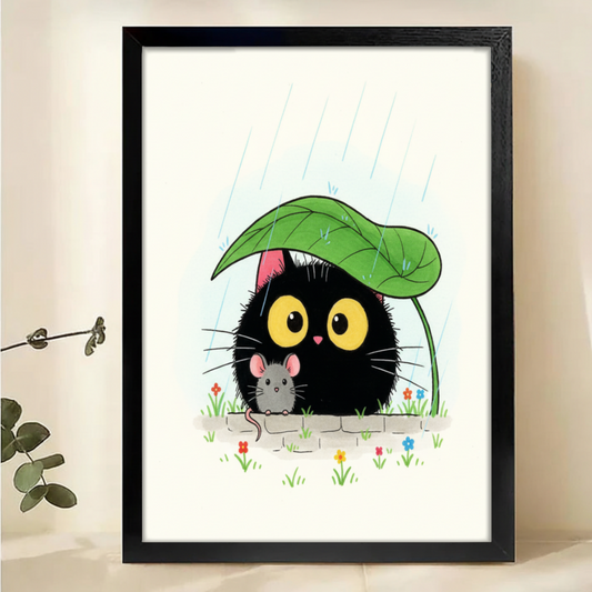 Black Cat in Rain Wall Art - Cute Cat and Mouse Friendship Print|W1191