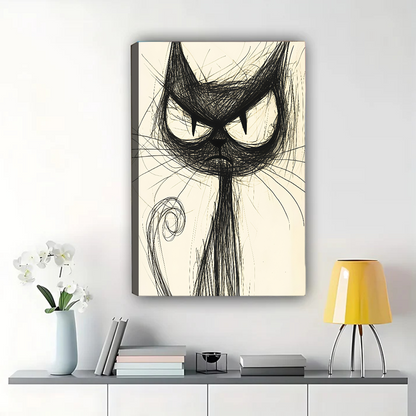 Sketchy Black Cat Art Print - Minimalist Line Drawing Wall Art|W1164