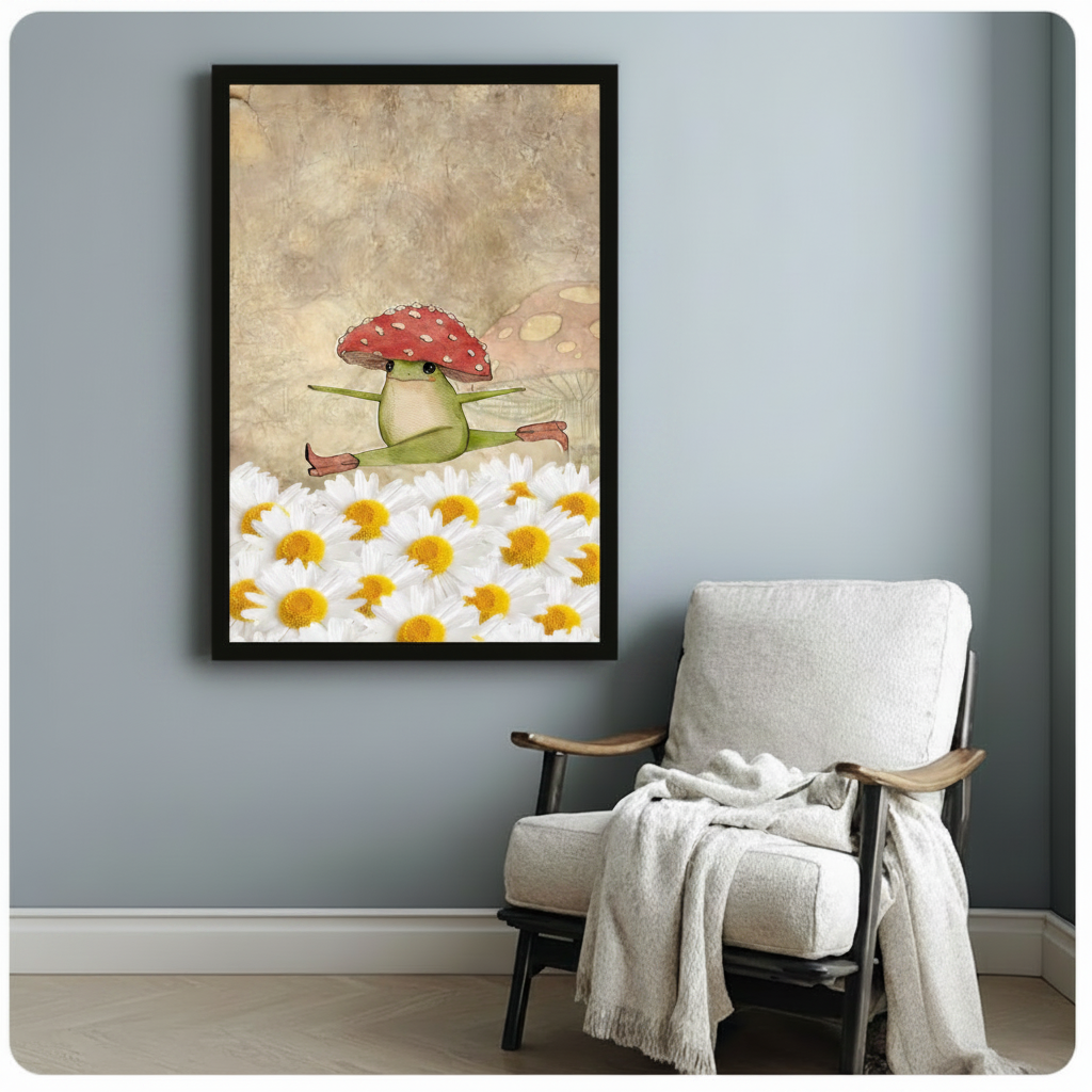 Mushroom Hat Frog Daisy Splits Whimsical Canvas Print w6048