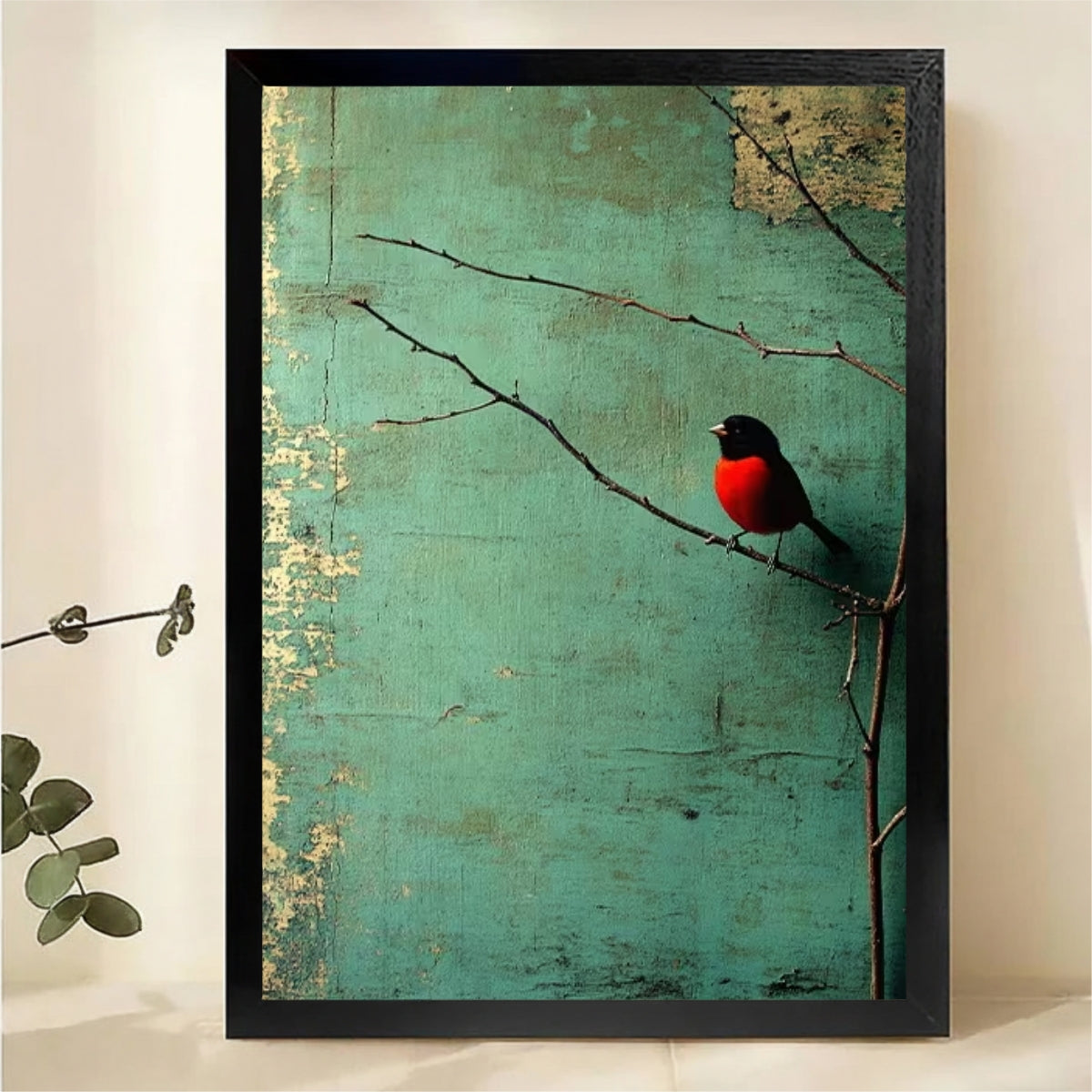 Red Robin on Branch Wall Art - Vintage Teal Print||W1274