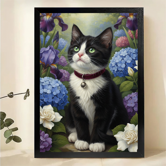 Tuxedo Cat in Flower Garden Canvas Art - Blue Hydrangeas & Irises|W1066